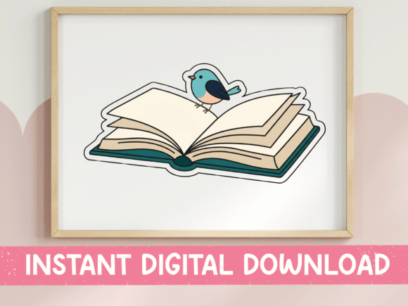 Open Book Blue Bird Reading Sticker: Whimsical Design for Peaceful Brands